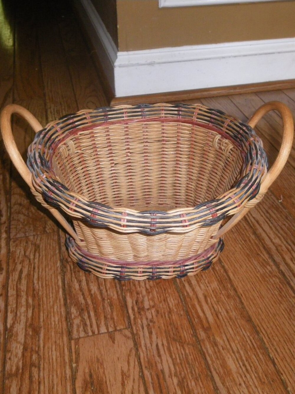 Vintage Heavy Duty Rigid Wicker Basket Wooden Bottom w/ Handles